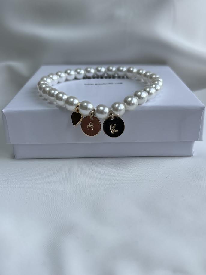Personalised Pearl Bracelet with 2 Initial Discs