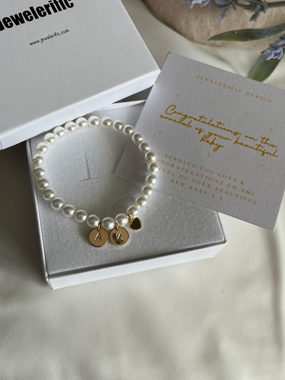 Pearl Bracelet with 2 Gold Initial Discs