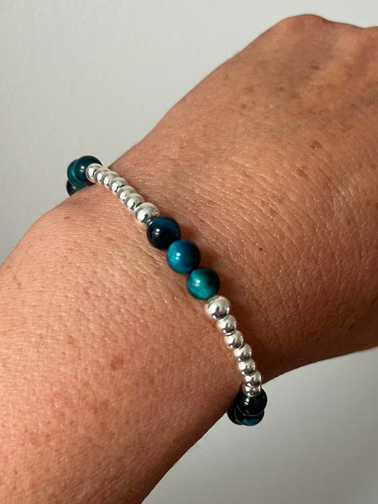Blue Tiger Eye Bracelet with Sterling Silver