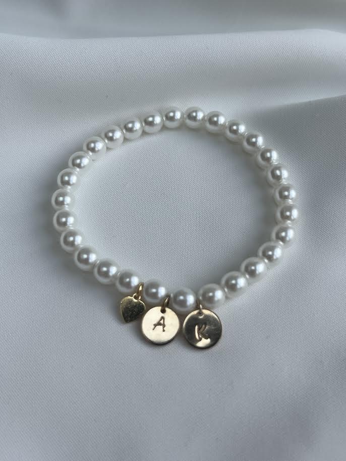 Personalised Pearl Bracelet with 2 Initial Discs