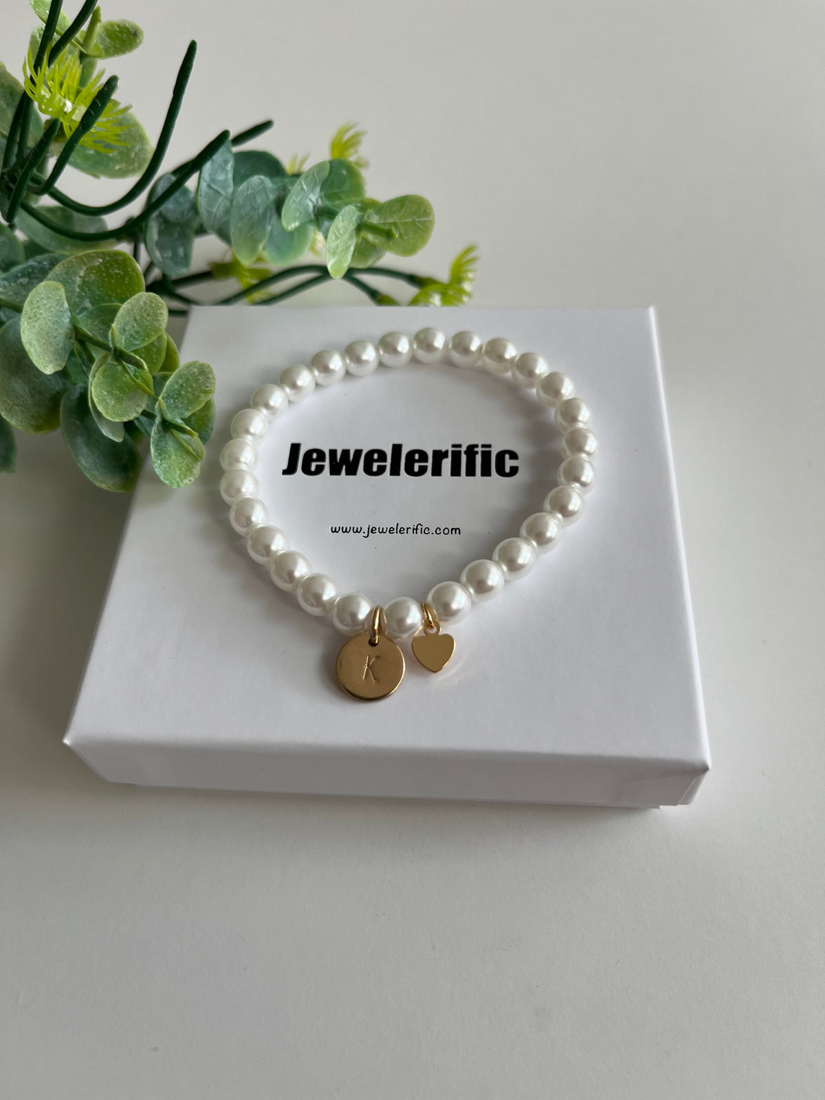 Personalised Glass White Pearl Bracelet with Gold Initial Disc